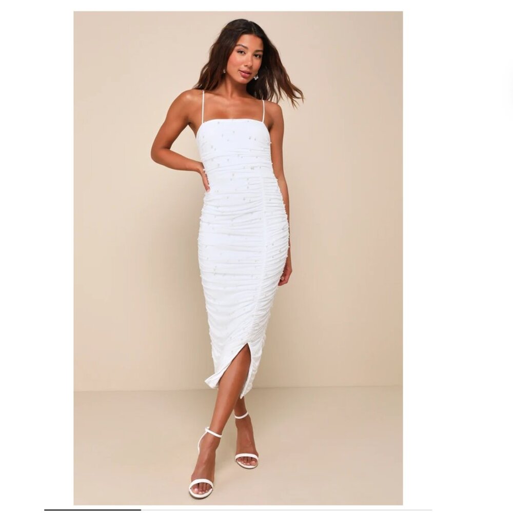 Toast to Romance White Ruched Pearl Bodycon Midi Dress